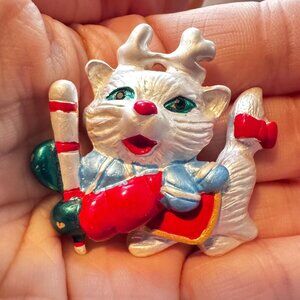 Cat Brooch with Reindeer Antlers Holiday Pin Enamel Christmas 2”